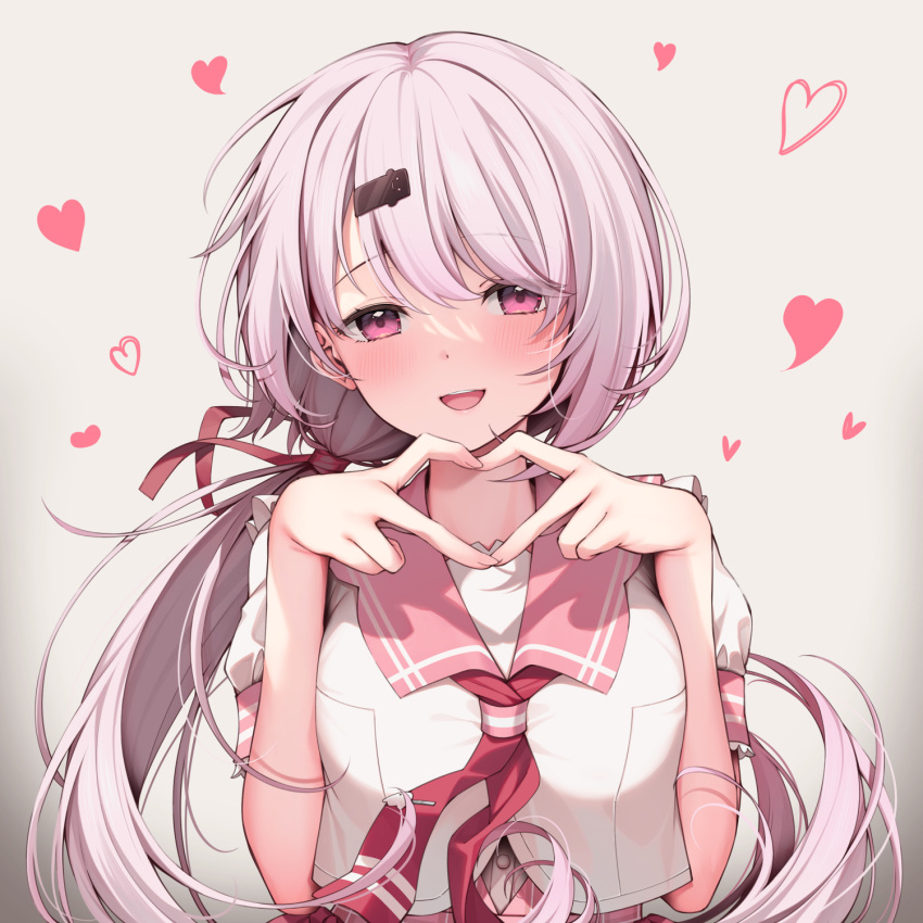 1girl, gradient_background, grey_background, hair_ornament, hair_ribbon, hairclip, heart, heart_hands, highres, long_hair, looking_at_viewer, neckerchief, nijisanji, open_mouth, pink_eyes, pink_hair, pink_sailor_collar, ponytail, red_neckerchief, red_ribbon, ribbon, sailor_collar, school_uniform, serafuku, shiina_yuika, shiina_yuika_(7th_costume), short_sleeves, smile, solo, upper_body, virtual_youtuber, yuuri_nayuta