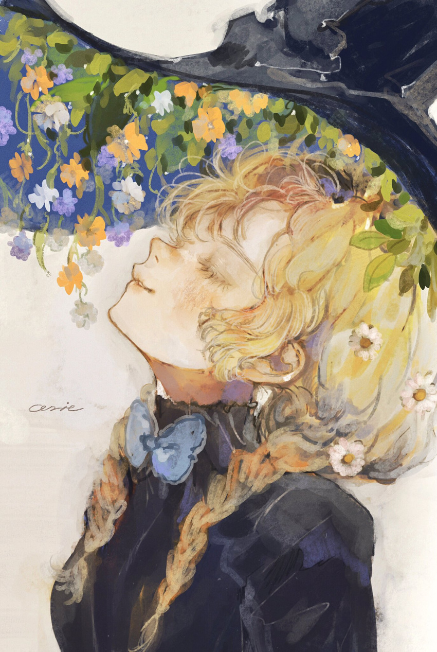 1girl, black_dress, black_headwear, blonde_hair, blue_bow, blue_bowtie, blush, bow