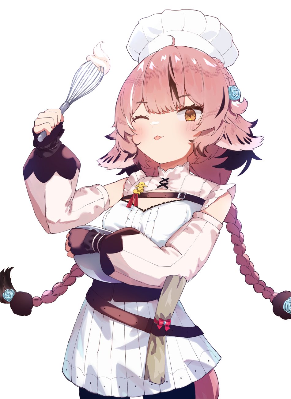 1girl, :3, animal_ears, black_pantyhose, bowl, braid, chef_hat, cheri_lupina, closed_mouth, detached_sleeves, dress, fingerless_gloves, fox_ears, fox_girl, gloves, hat, highres, holding, holding_bowl, holding_whisk, light_blush, long_hair, long_sleeves, looking_at_viewer, one_eye_closed, orange_eyes, pajhmh, pantyhose, pink_hair, smile, solo, tongue, tongue_out, twin_braids, virtual_youtuber, vreverie, whisk