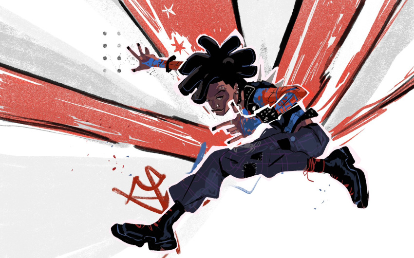 1boy, black_hair, boots, dark_skin, ear_piercing, eyebrow_piercing, highres, hobie_brown