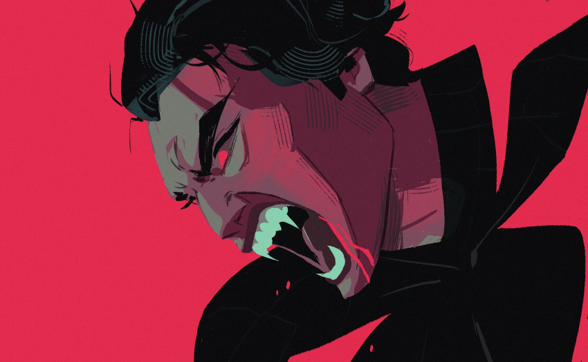 1boy, black_bodysuit, blood, blood_on_face, bodysuit, dark-skinned_male, dark_skin, fangs, glowing, glowing_eyes, hair_slicked_back, highres, male_focus, marion_bordeyne, marvel, miguel_o'hara, open_mouth, red_background, red_bodysuit, red_eyes, solo, spider-man:_across_the_spider-verse, spider-man_(2099), spider-man_(series), spider-verse, two-tone_bodysuit