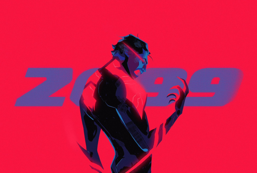 1boy, arm_blade, black_hair, blue_bodysuit, bodysuit, broad_shoulders, brown_hair, claws