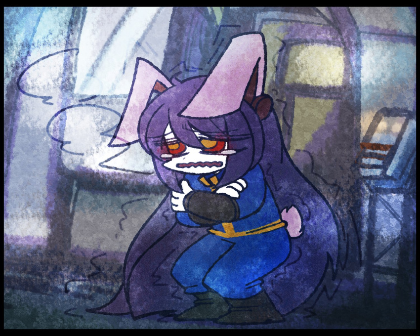 1girl, absurdly_long_hair, animal_ears, black_border, black_footwear, blue_jumpsuit, boots, border