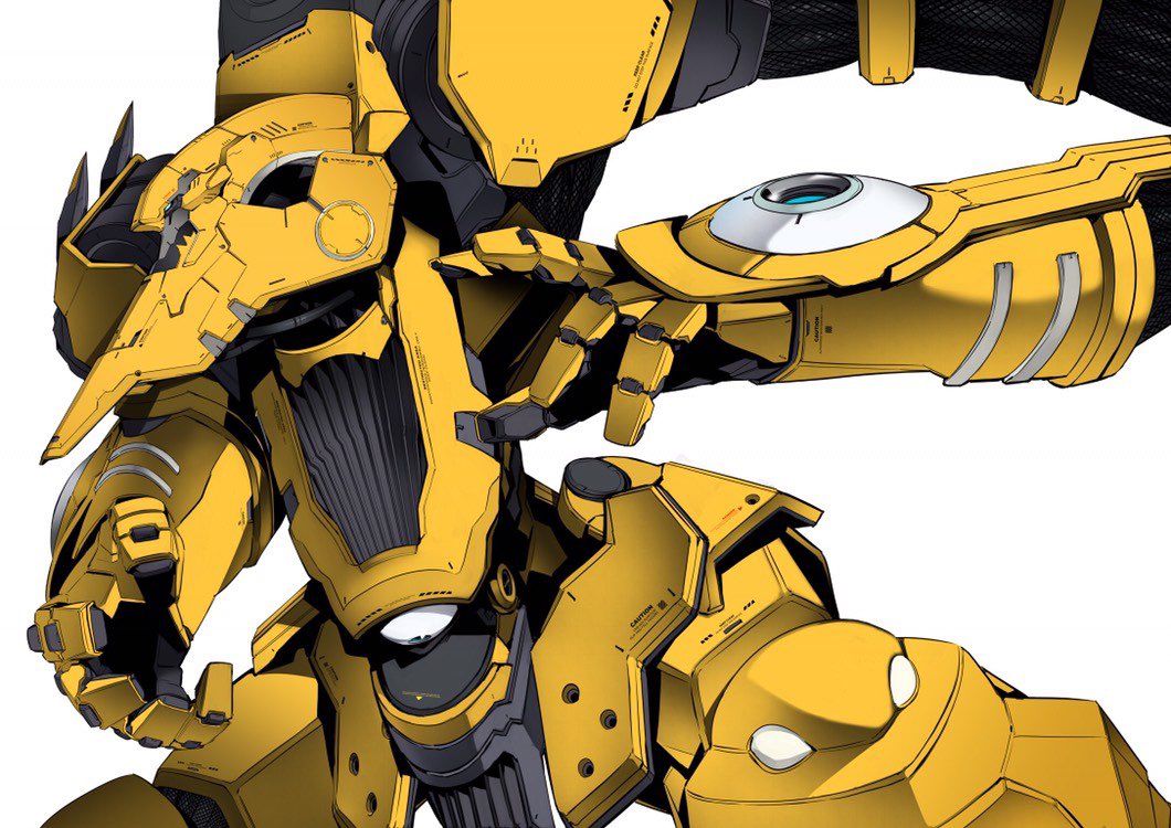 blue_eyes, hind-kind, kurogane_no_linebarrel, looking_ahead, mecha, no_humans, open_hands, prototype_design, robot, science_fiction, shimizu_eiichi, shimoguchi_tomohiro, white_background