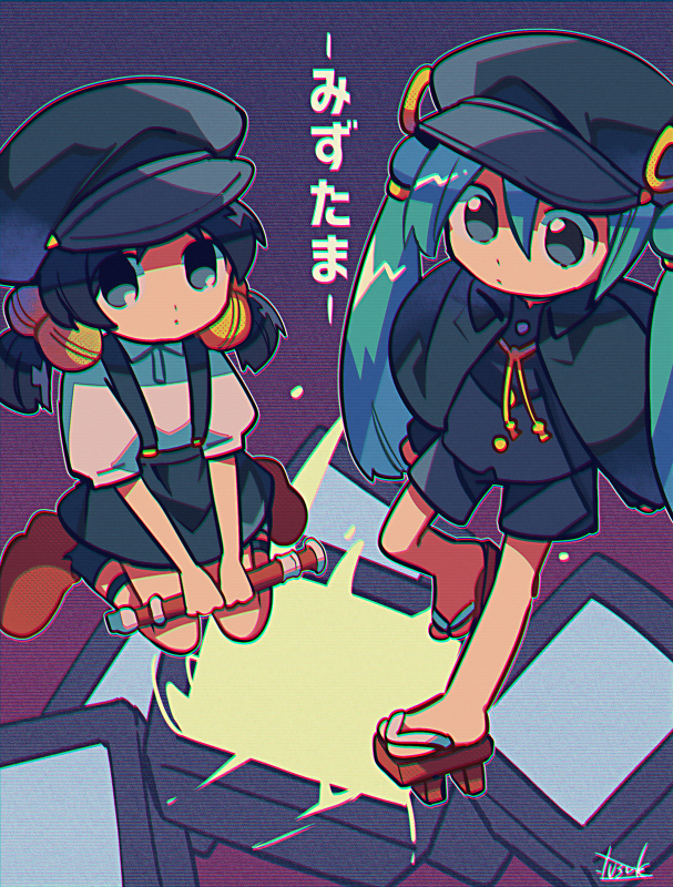 2girls, alternate_costume, bell, black_capelet, black_hair, black_headwear, black_shirt, black_shorts, black_skirt, black_socks, blue_hair, brown_footwear, buttons, capelet, chromatic_aberration, collared_shirt, commentary_request, dot_mouth, expressionless, gakuran, gakuseibou, geta, gradient_background, grey_eyes, hair_bell, hair_ornament, hat, hatsune_miku, holding, holding_instrument, holding_recorder, instrument, kaai_yuki, looking_ahead, looking_at_viewer, looking_up, low_twintails, mizutama_(vocaloid), multiple_girls, outline, puffy_short_sleeves, puffy_sleeves, purple_background, recorder, school_uniform, shirt, shirt_tucked_in, shoes, short_sleeves, shorts, signature, sitting, skirt, socks, song_name, standing, standing_on_one_leg, suspender_skirt, suspenders, television, twintails, v_arms, vocaloid, wariza, white_outline, yuusuke-kun