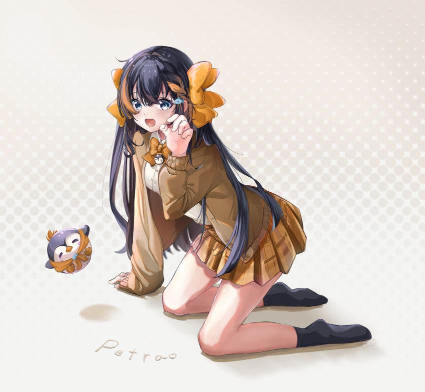 1girl, alternate_costume, black_hair, black_socks, blonde_hair, blue_eyes, bow, brown_cardigan, cardigan, hair_bow, highres, kano3, long_hair, multicolored_hair, nijisanji, nijisanji_en, no_shoes, open_mouth, pentomo_(petra_gurin), petra_gurin, pleated_skirt, school_uniform, skirt, smile, socks, solo, streaked_hair, yellow_bow, yellow_skirt