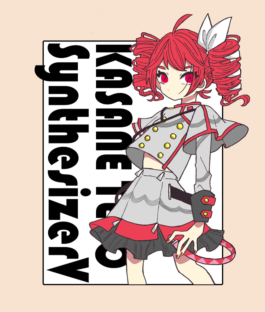 1girl, ahoge, black_skirt, border, brown_border, buttons, character_name, commentary