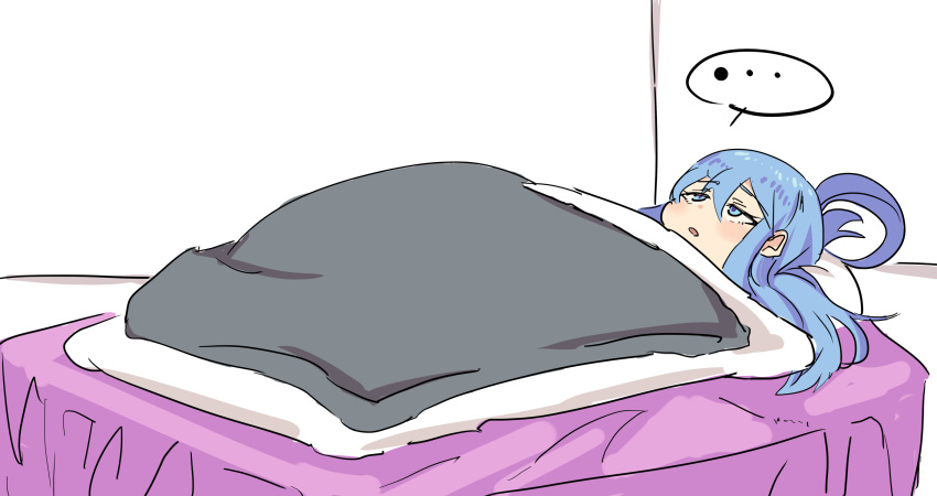 ..., 61206jeff, aqua_(konosuba), blue_eyes, blue_hair, exhausted, futon, half-closed_eyes
