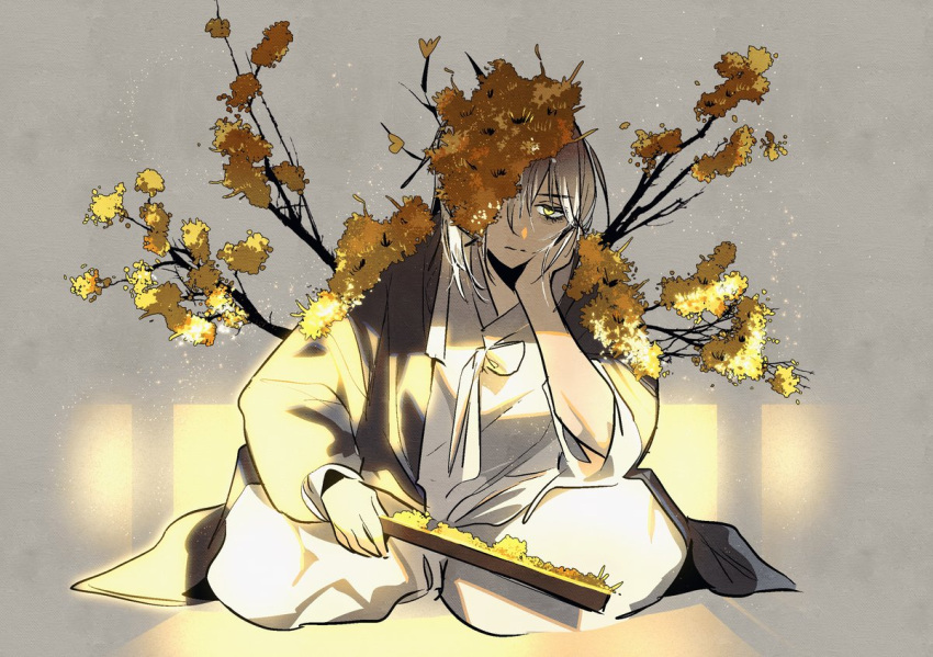 1girl, branch, brown_coat, closed_mouth, coat, dongbaek_(limbus_company), flower, folded_fan