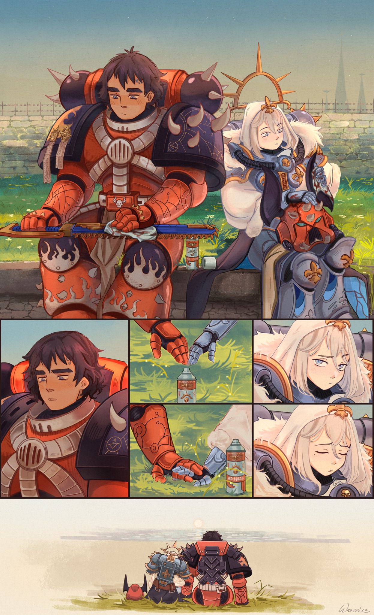 1boy, 1girl, adepta_sororitas, blood_on_gloves, brown_hair, chainsword, chaos_space_marine, dark-skinned_male