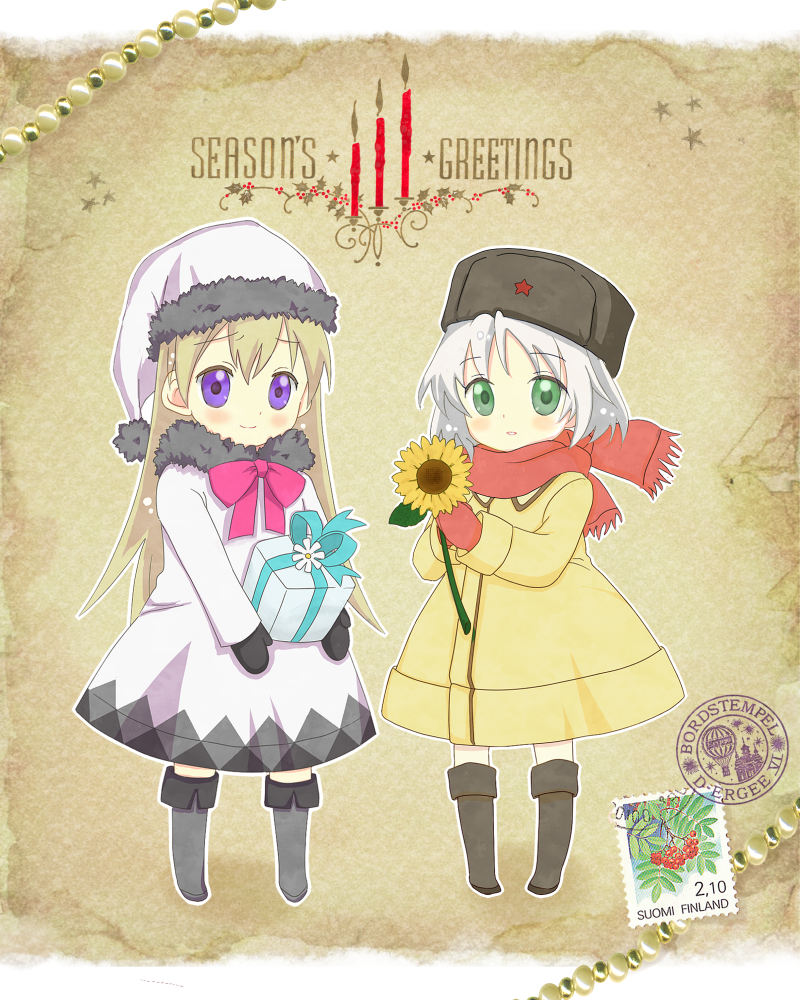 blonde_hair, blush, boots, chibi, christmas, eila_ilmatar_juutilainen, finland, flower