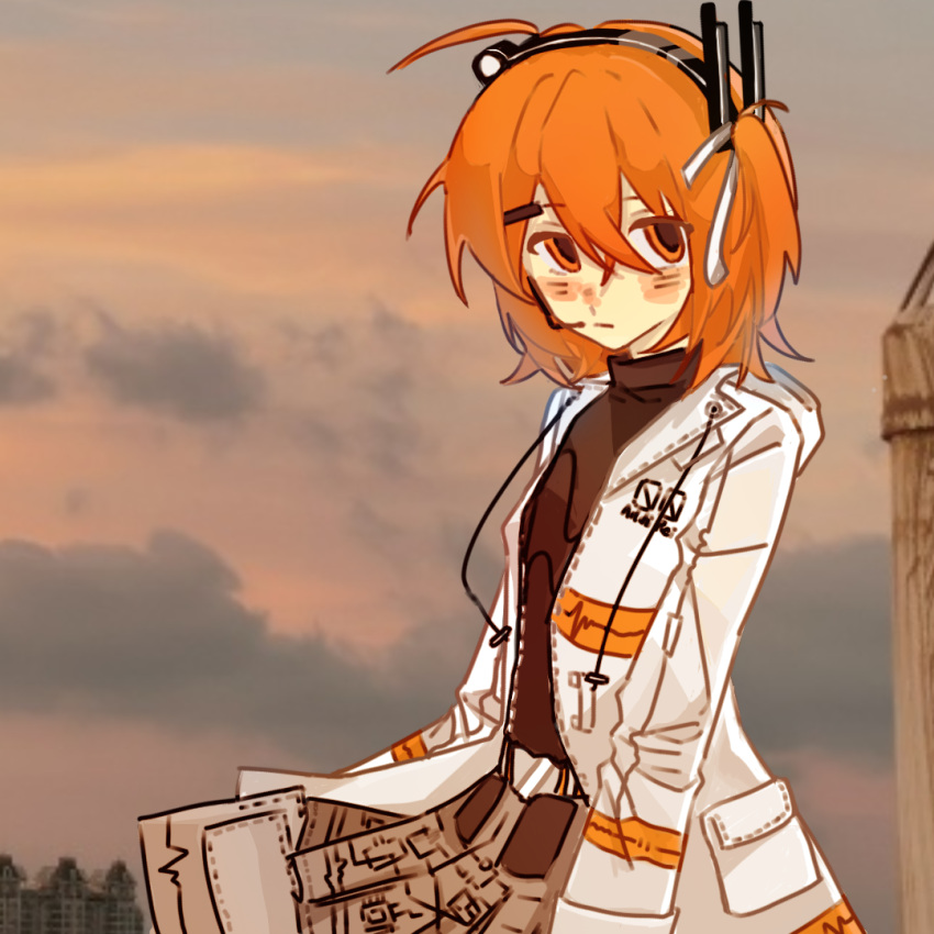 1girl, 2974358920, :/, a.i._voice, adachi_rei, belt, belt_pouch, black_shirt, character_name, chinese_commentary, circuit_board_print, clothes_lift, clouds, cloudy_sky, commentary_request, crossed_bangs, expressionless, grey_skirt, hair_between_eyes, hair_ribbon, headlamp, headset, hood, hood_down, hooded_jacket, jacket, long_sleeves, looking_at_viewer, medium_hair, one_side_up, open_clothes, open_jacket, orange_eyes, orange_hair, photo_background, pouch, print_skirt, radio_antenna, ribbon, shirt, skirt, skirt_lift, sky, solo, turtleneck, upturned_eyes, utau, white_jacket, white_ribbon, wind, wind_lift