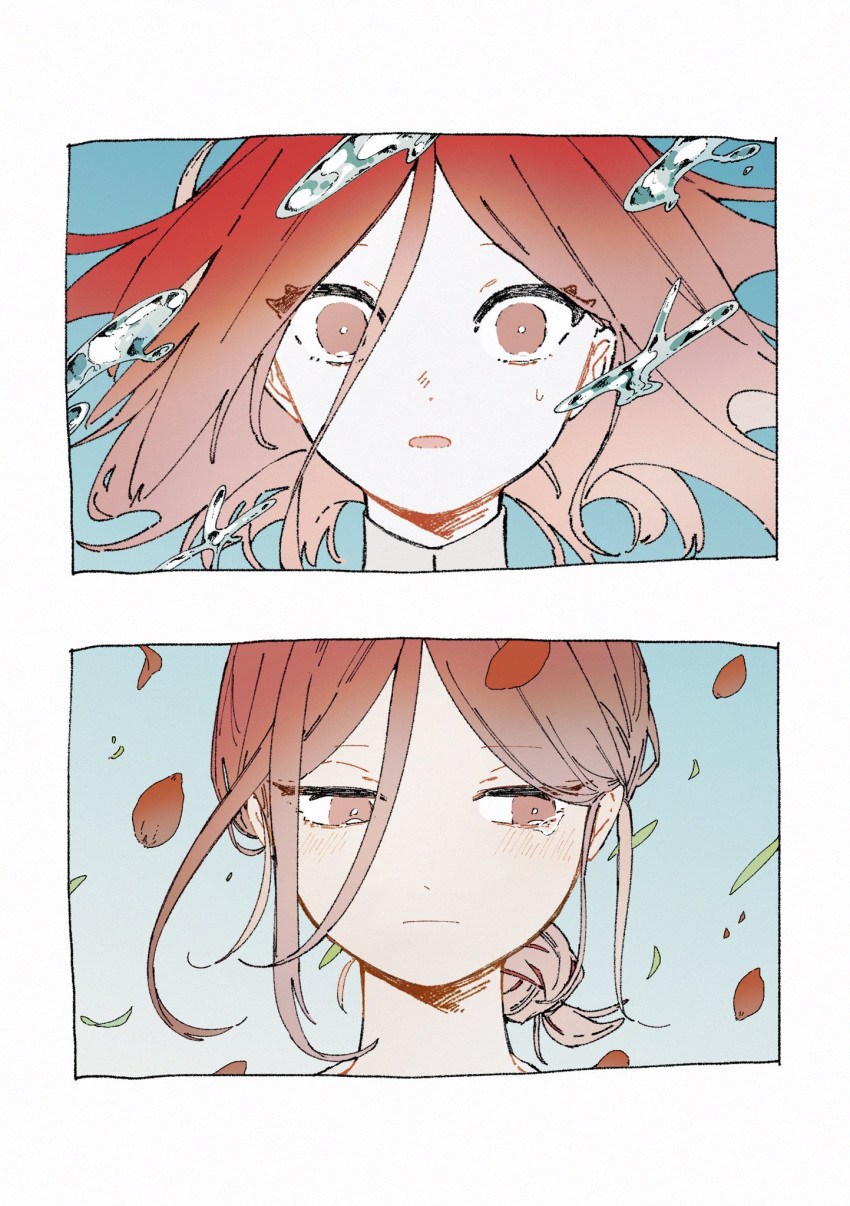 1other, androgynous, averting_eyes, blue_background, blush, border, bright_pupils, cinnabar_(houseki_no_kuni)