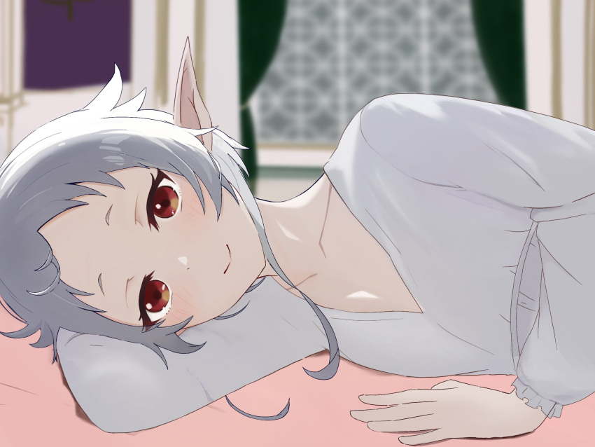 1girl, bed, blurry, blurry_background, closed_mouth, elf, grey_hair, highres, indoors, looking_at_viewer, lying, mushoku_tensei, nightgown, on_bed, on_side, pointy_ears, red_eyes, short_hair, smile, solo, sylphiette_(mushoku_tensei), tumugi_sunohara, window