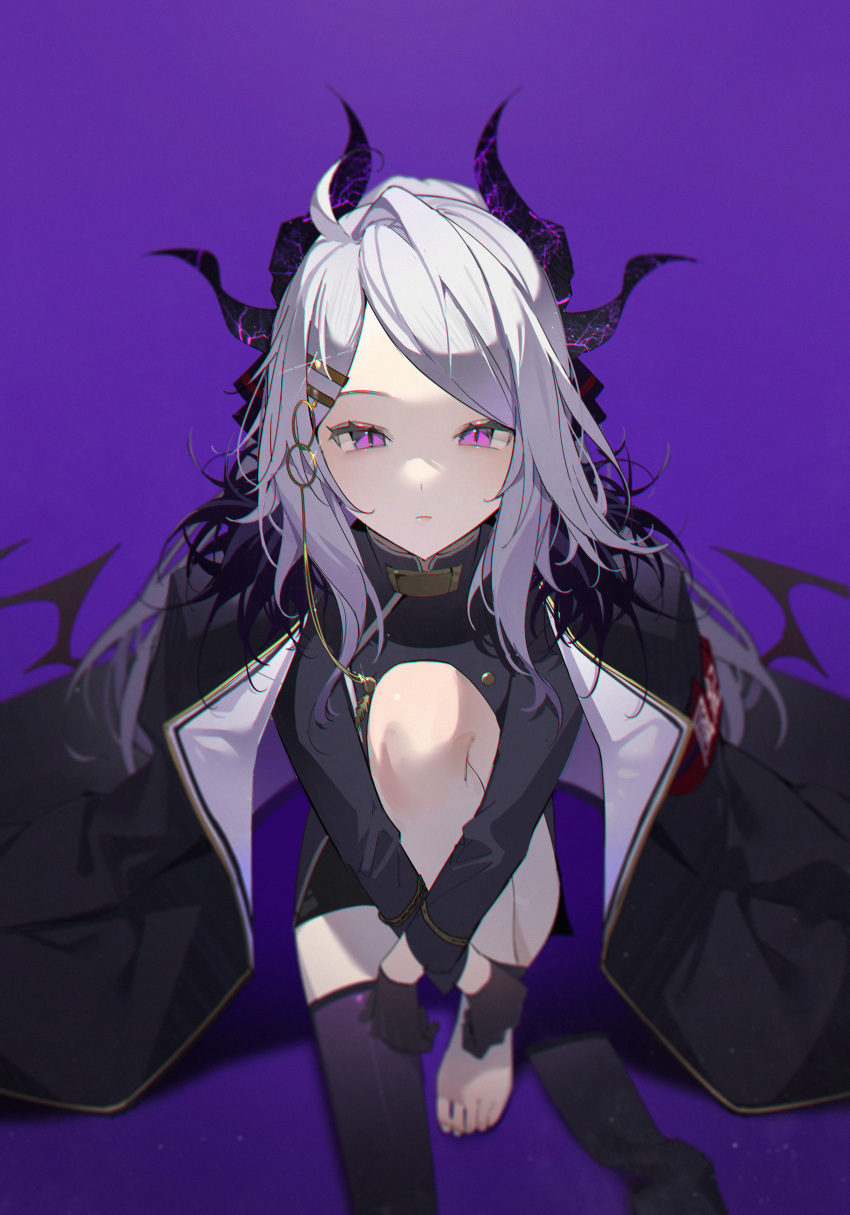 1girl, absurdres, ahoge, black_coat, black_footwear, black_gloves, black_skirt, black_thighhighs