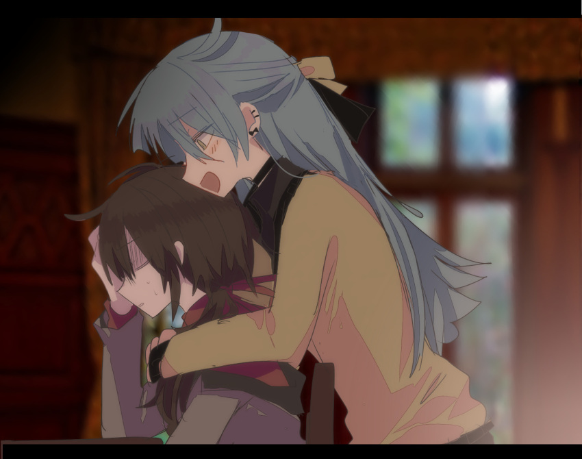 1boy, 1girl, black_shirt, blue_hair, brown_hair, closed_eyes, collared_shirt, earclip, grey_jacket, haguro_ribon, hair_ribbon, jacket, letterboxed, long_hair, long_sleeves, open_mouth, original, parted_lips, red_shirt, ribbon, shirt, smile, sweat, sweater, usagi_nui, yellow_eyes, yellow_sweater