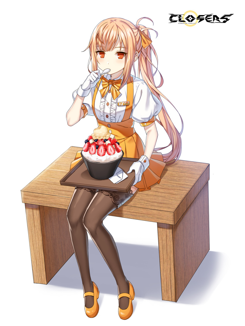 1girl, alternate_hair_color, badge, bow, bowl, bowtie, breasts, brown_thighhighs