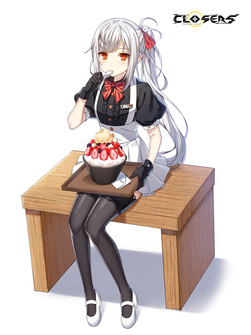 1girl, alternate_hair_color, badge, black_gloves, black_shirt, black_thighhighs, bow, bowl