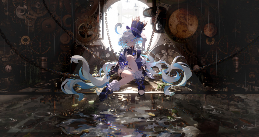 1girl, absurdres, ahoge, ascot, black_ascot, blue_eyes, chain, commentary_request
