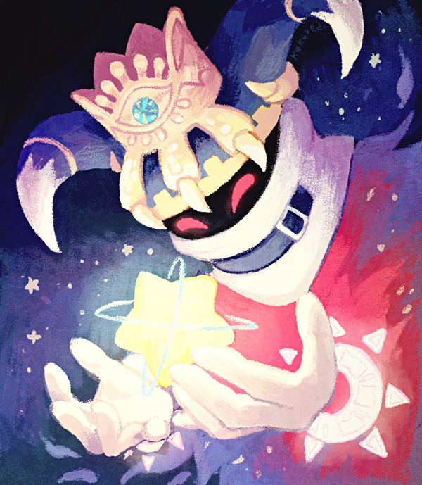 commentary_request, crown, disembodied_limb, gloves, horns, kakuredo_ura, kirby's_return_to_dream_land, kirby_(series), magolor, master_crown, pop_star, red_eyes, solo, star_(sky), white_gloves