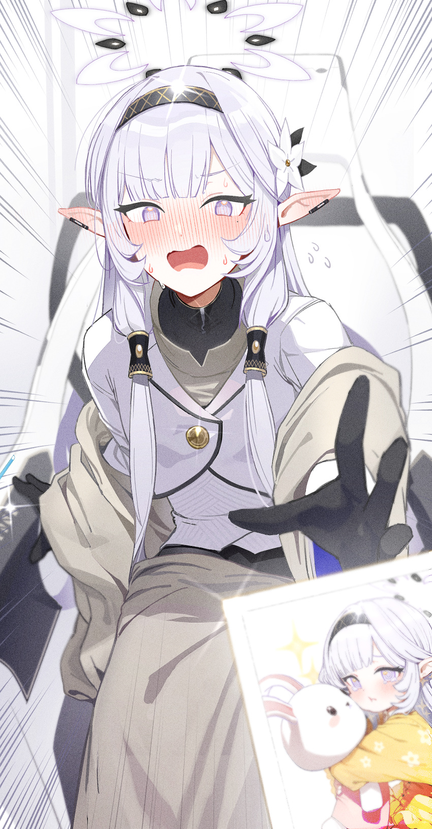 1girl, absurdres, black_gloves, blue_archive, commentary, earclip, embarrassed, flower