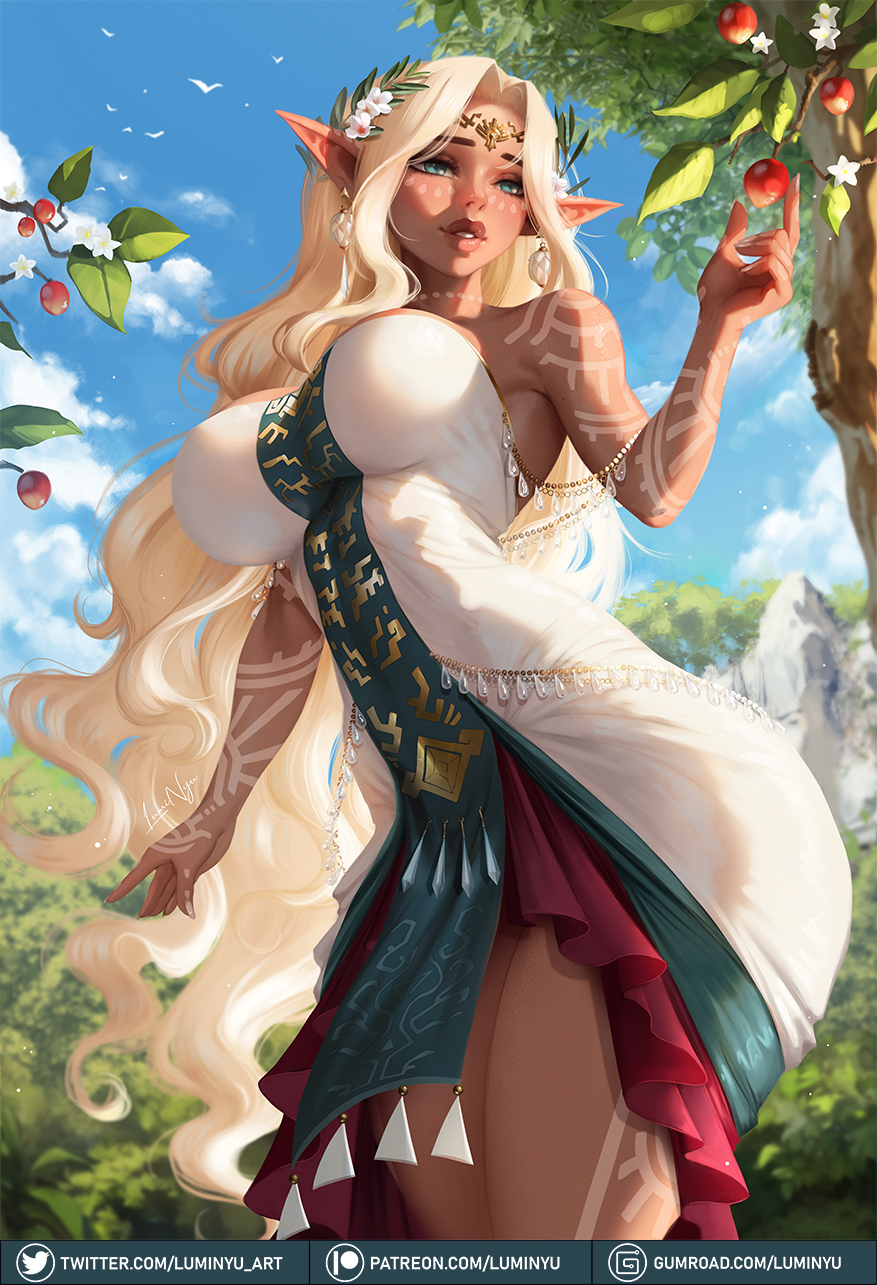 1girl, blonde_hair, blue_eyes, blue_sky, circlet, dark-skinned_female, dark_skin, day
