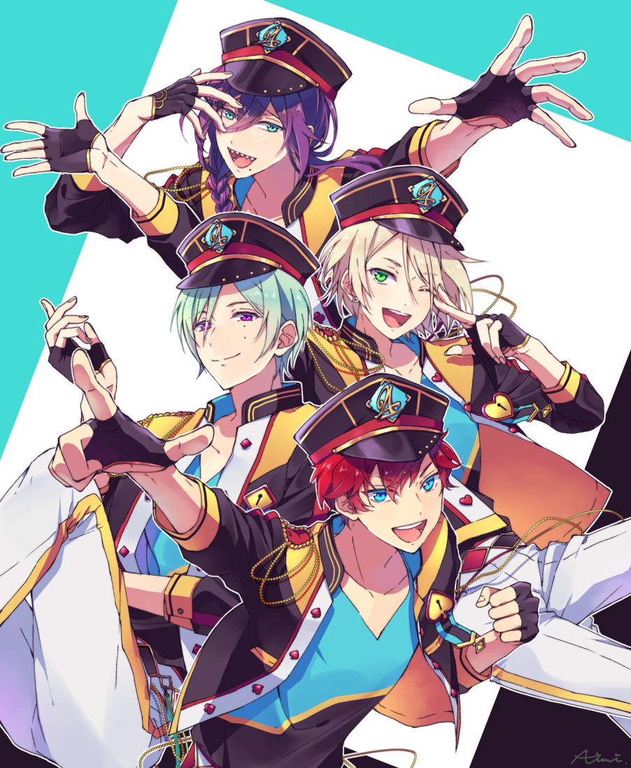 13aimi13, 4boys, :d, alkaloid_(ensemble_stars!), amagi_hiiro, aqua_hair, artist_name, ayase_mayoi