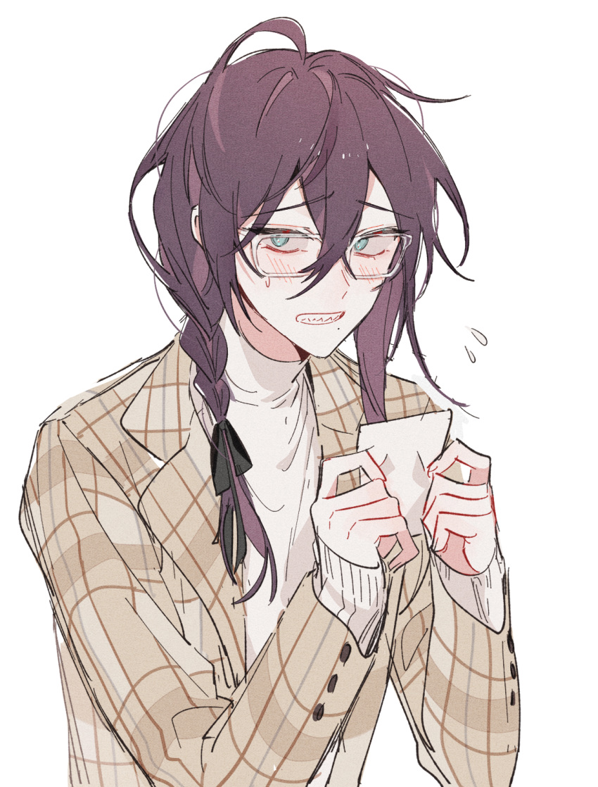 1boy, anight, ayase_mayoi, black_bow, bow, braid, brown_coat, clenched_teeth, coat, ensemble_stars!, flying_sweatdrops, glasses, hair_between_eyes, hair_bow, hair_over_shoulder, highres, holding, holding_paper, long_hair, long_sleeves, looking_at_viewer, male_focus, messy_hair, mole, mole_under_mouth, paper, paper_texture, plaid_coat, purple_hair, sharp_teeth, simple_background, solo, sweat, sweater, teeth, turtleneck, turtleneck_sweater, upper_body, white-framed_eyewear, white_background, white_sweater