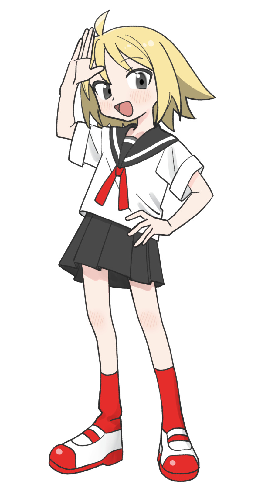 1girl, ahoge, arm_up, black_eyes, black_sailor_collar, black_skirt, blonde_hair, blush, commentary_request, contrapposto, full_body, hand_on_own_hip, highres, kneehighs, looking_at_viewer, neck_ribbon, null-meta, numamomi, open_mouth, pleated_skirt, red_ribbon, red_socks, ribbon, sailor_collar, salute, school_uniform, serafuku, shirt, shoes, short_hair, short_sleeves, simple_background, skirt, smile, socks, solo, standing, uozumi_kurumi, uwabaki, white_background, white_shirt