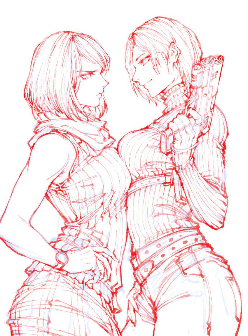 2girls, absurdres, ada_wong, ashley_graham, ass, belt, breasts, fingerless_gloves, g_studio, gloves, gun, hand_on_own_hip, handgun, highres, huge_ass, large_breasts, looking_at_another, multiple_girls, red_theme, resident_evil, resident_evil_4, resident_evil_4_(remake), short_hair, skirt, turtleneck, watch, weapon, white_background