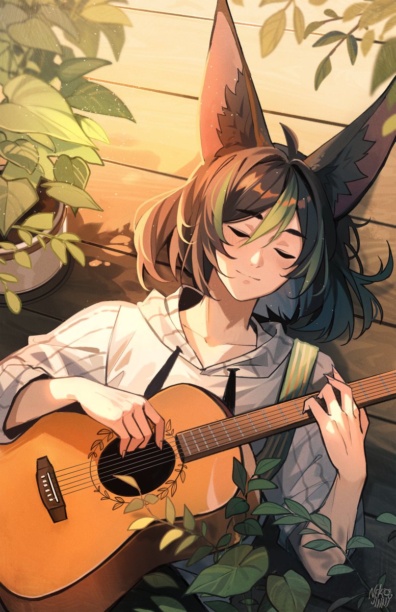 1boy, acoustic_guitar, ahoge, animal_ear_fluff, animal_ears, black_hair, closed_eyes, closed_mouth