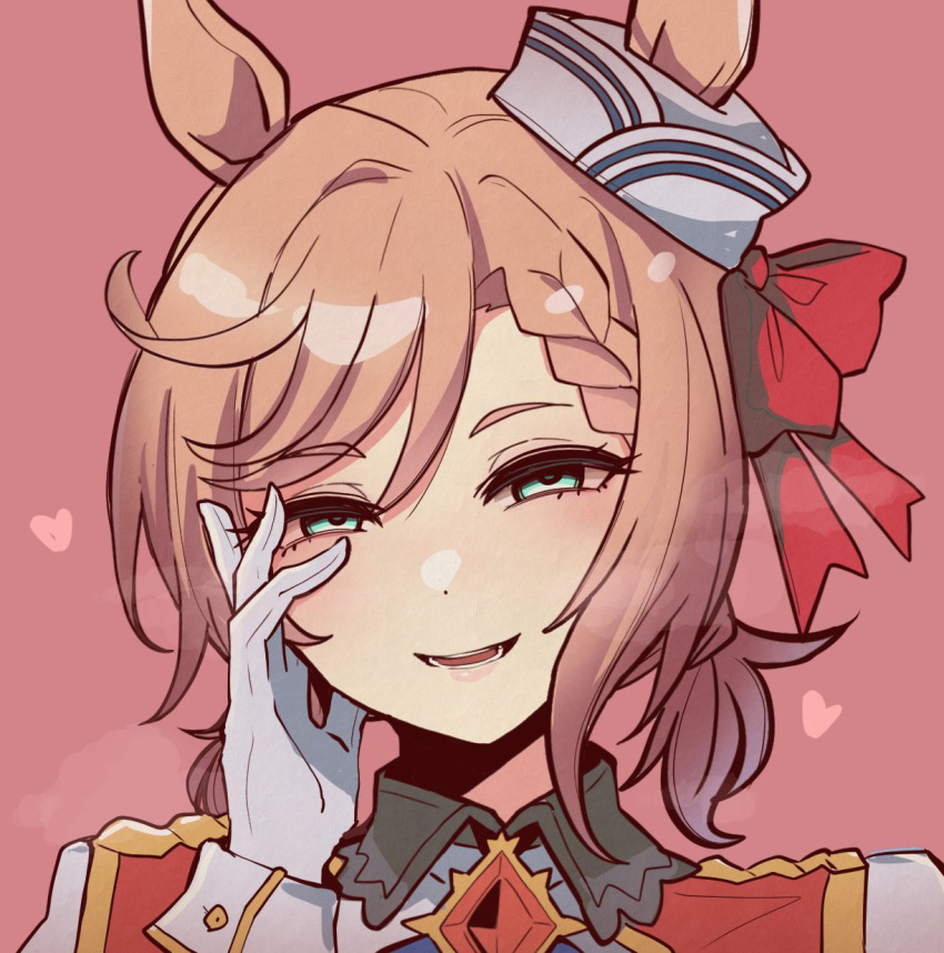 1girl, blue_eyes, blush, brown_background, gloves, hair_between_eyes, hair_ornament, hand_on_own_face