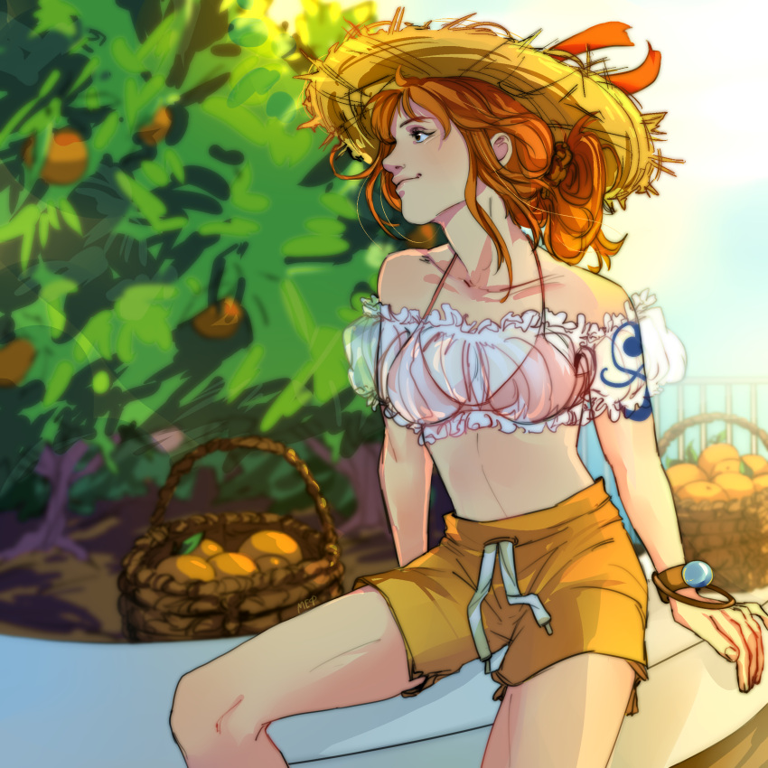 1girl, absurdres, arm_tattoo, bare_shoulders, basket, black_eyes, closed_mouth, food, fruit, hat, highres, log_pose, looking_to_the_side, medium_hair, mishailla, nami_(one_piece), one_piece, orange_(fruit), orange_hair, outdoors, shorts, sitting, smile, solo, straw_hat, tattoo, tree, yellow_shorts