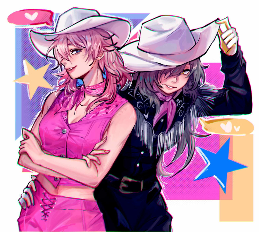 2girls, alternate_costume, barbie_(character), barbie_(character)_(cosplay), barbie_(franchise), barbie_(live_action), belt, black_sleeves
