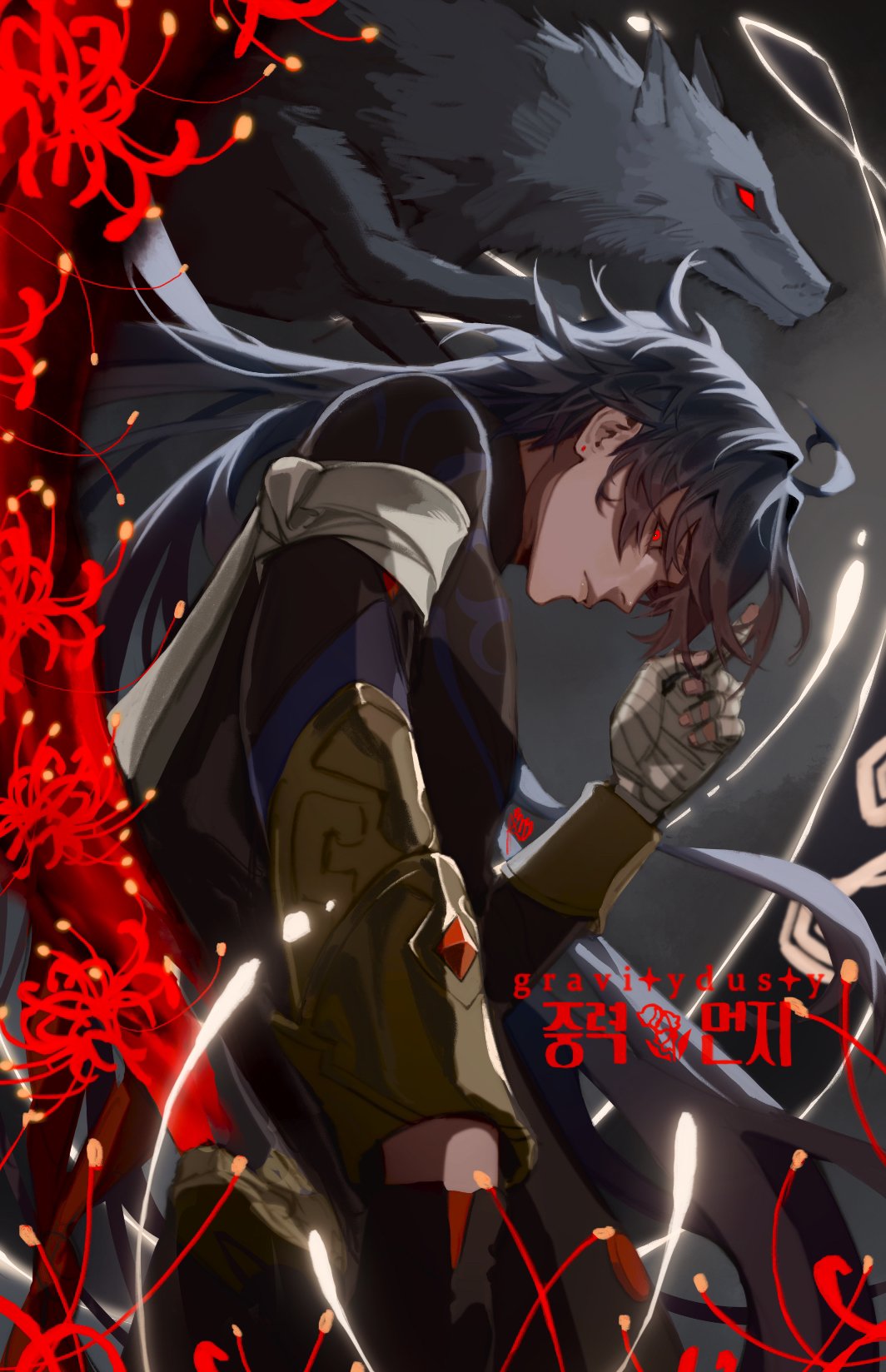 1boy, animal, bandaged_hand, bandages, black_gloves, blade_(honkai:_star_rail), chinese_clothes, closed_mouth