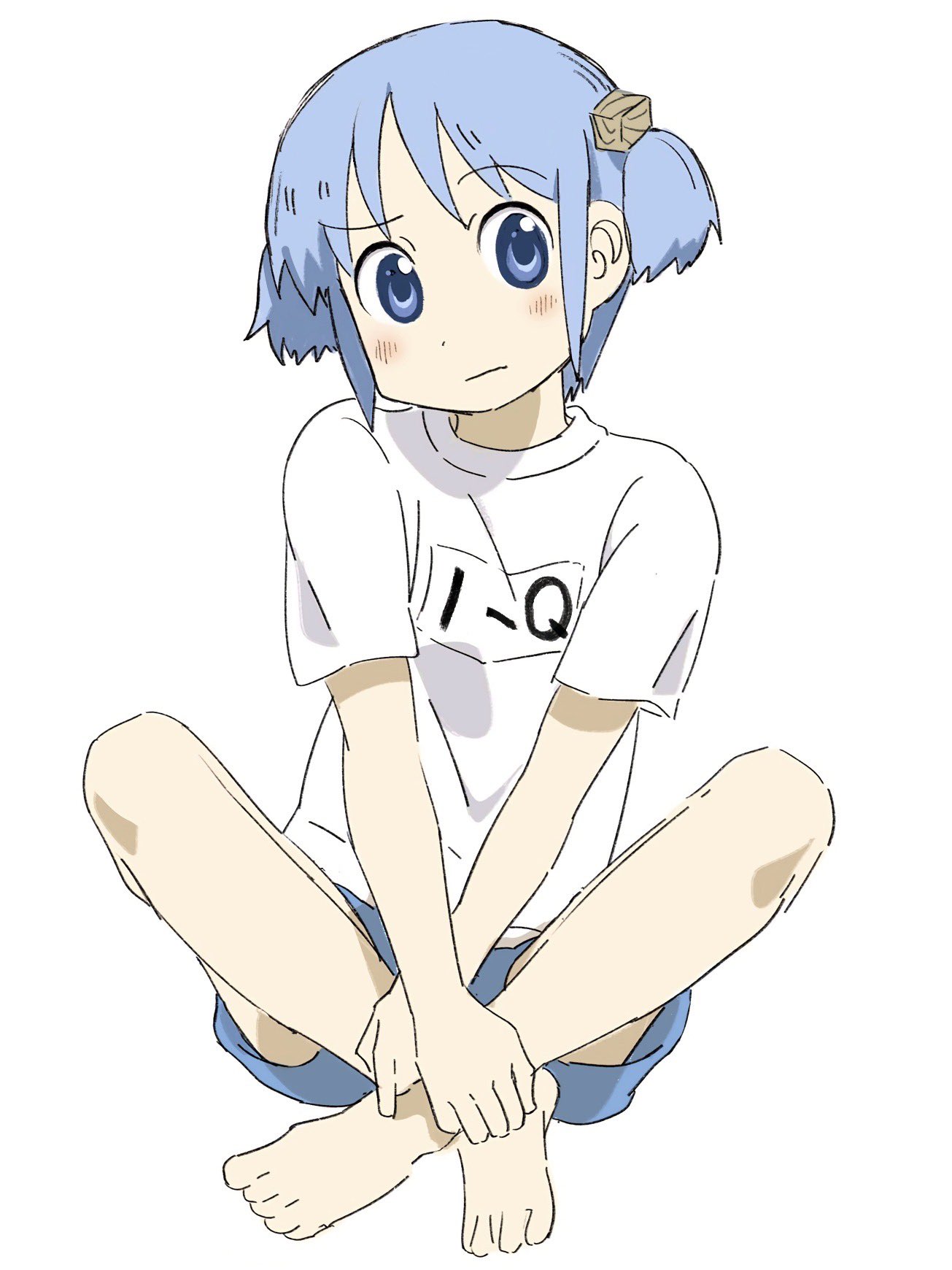 1girl, :|, barefoot, blue_eyes, blue_hair, blue_shorts, closed_mouth, commentary