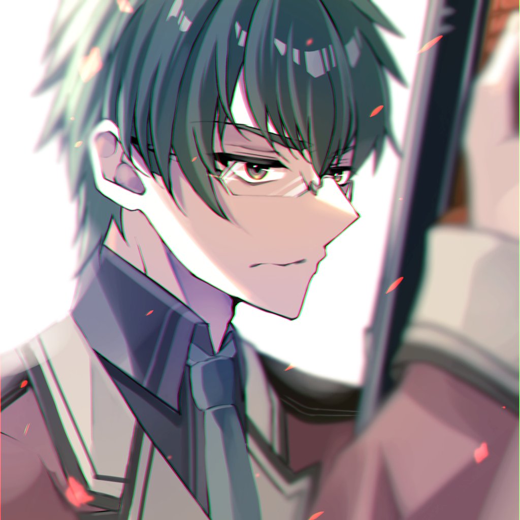 1boy, blurry, blurry_background, eiyuu_densetsu, glasses, green_hair, gun, hair_between_eyes
