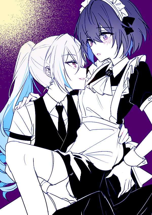 2girls, 6_(yuchae), alternate_costume, apron, arm_behind_back, blue_eyes, blue_hair, bronya_zaychik