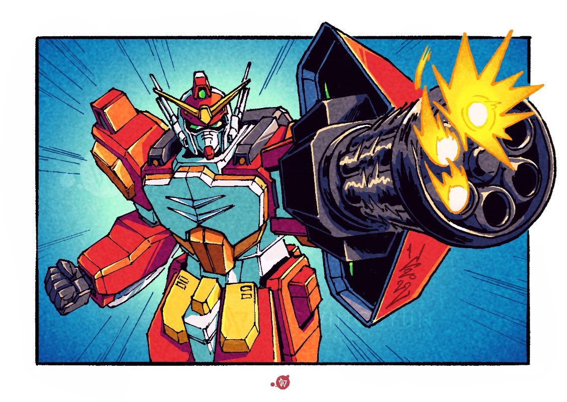 arm_cannon, border, clenched_hand, green_eyes, gundam, gundam_heavyarms, gundam_wing, mecha