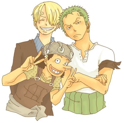 3boys, bandana, bandana_around_arm, black_bandana, black_hair, brown_overalls, closed_eyes, closed_mouth