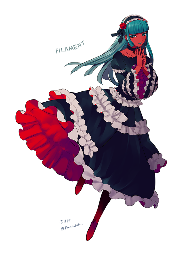 1girl, aqua_eyeshadow, aqua_hair, aqua_lips, benibara_(filament), black_choker, black_dress, black_hairband, blunt_bangs, choker, collarbone, colored_skin, copyright_name, dress, eyeshadow, filament_(game), floating_hair, flower, frilled_dress, frilled_hairband, frills, fucodoku, full_body, gothic_lolita, hair_flower, hair_ornament, hairband, hands_up, hime_cut, juliet_sleeves, lolita_fashion, long_hair, long_sleeves, looking_at_viewer, makeup, multicolored_clothes, multicolored_dress, own_hands_together, pendant_choker, puffy_sleeves, red_dress, red_flower, red_footwear, red_rose, red_skin, rose, sidelocks, simple_background, smile, solo, twitter_username, white_background, white_dress, wide_sleeves