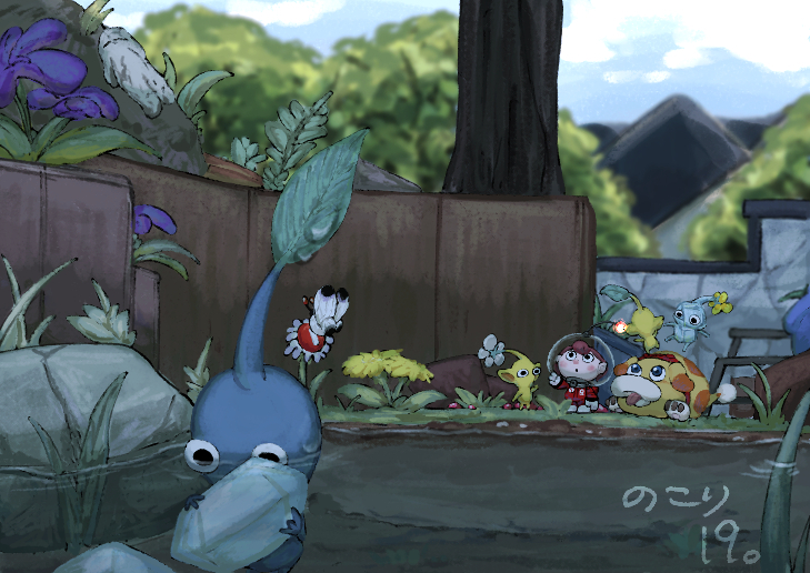 1girl, :o, alien, bench, black_eyes, blue_eyes, blue_pikmin, blue_skin