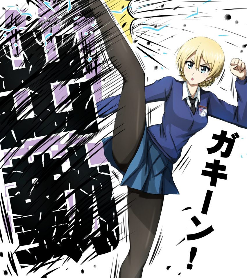 1girl, ^^^, black_footwear, black_necktie, black_pantyhose, blonde_hair, blue_eyes, blue_skirt
