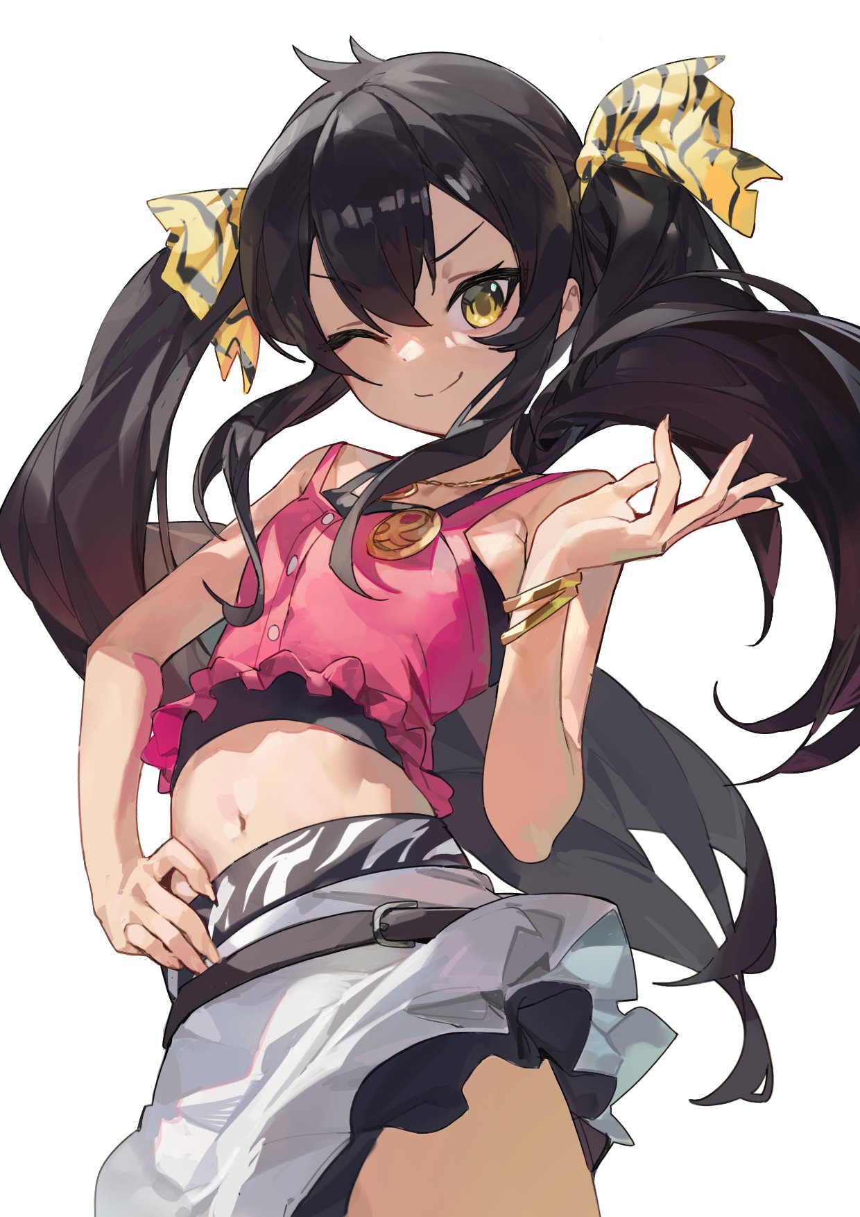 1girl, animal_print, belt, black_belt, black_hair, black_shirt, bracelet, breasts, commentary, cowboy_shot, dot_nose, eyelashes, fatur_rasid, hair_between_eyes, hair_flaps, hair_ribbon, hand_on_own_hip, hand_up, highres, idolmaster, idolmaster_cinderella_girls, idolmaster_cinderella_girls_u149, jewelry, loli, long_hair, looking_at_viewer, matoba_risa, navel, necklace, one_eye_closed, pink_shirt, ribbon, shirt, sidelocks, skirt, small_breasts, smile, solo, stomach, tank_top, thighs, tiger_print, twintails, v-shaped_eyebrows, white_background, white_skirt, wind, yellow_eyes, zebra_print