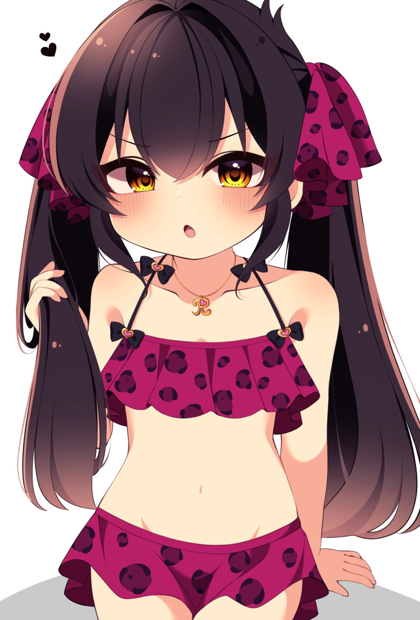 1girl, animal_print, arm_support, bikini, bikini_skirt, black_bow, black_hair, blush, bow, collarbone, dot_nose, frilled_bikini, frills, hair_between_eyes, hair_ribbon, hand_up, highres, idolmaster, idolmaster_cinderella_girls, jewelry, leopard_print, loli, long_hair, looking_at_viewer, maju_risa, matoba_risa, navel, necklace, open_mouth, pink_bikini, pink_ribbon, playing_with_own_hair, ribbon, sidelocks, sitting, solo, stomach, swimsuit, thighs, twintails, white_background, yellow_eyes