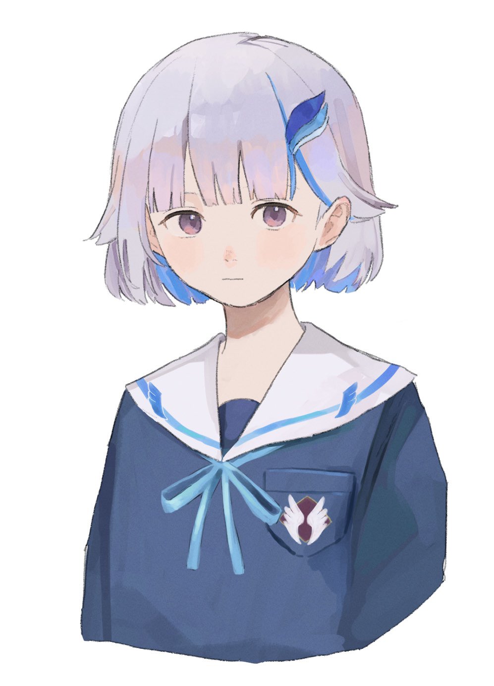 1girl, blue_hair, blue_ribbon, blue_shirt, blunt_bangs, blush, breast_pocket, closed_mouth, colored_inner_hair, cropped_torso, expressionless, grey_hair, hair_behind_ear, hair_flaps, hair_ornament, highres, home_run_(home_run_6), lize_helesta, lize_helesta_(4th_costume), looking_at_viewer, multicolored_hair, neck_ribbon, nijisanji, pocket, ribbon, sailor_collar, school_uniform, serafuku, shirt, short_hair, simple_background, solo, streaked_hair, violet_eyes, virtual_youtuber, white_background, white_sailor_collar