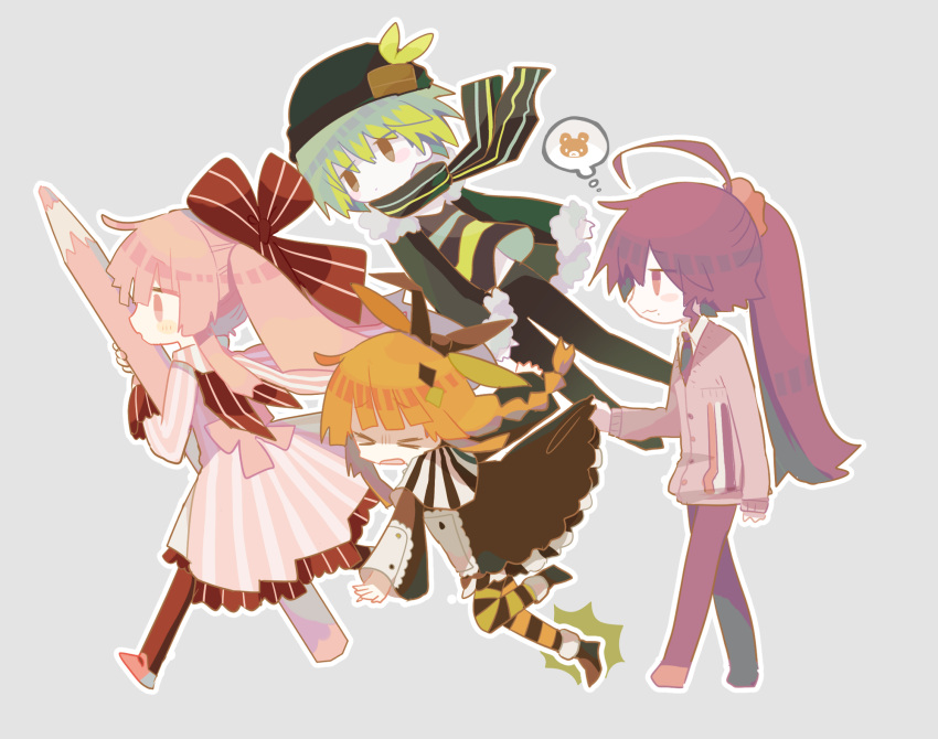 >_<, 2boys, 2girls, :3, ahoge, asymmetrical_legwear, black_pants, black_pantyhose