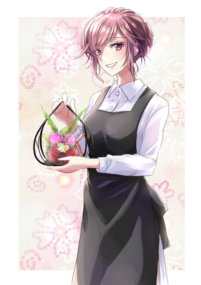 1girl, apron, black_apron, bouquet, braid, breasts, collared_shirt, deaimon, feet_out_of_frame, floral_background, hand_up, holding, looking_at_viewer, matsukaze_kanoko, medium_breasts, nabana_yuna, parted_bangs, pink_eyes, pink_hair, shadow, shirt, short_hair, smile, solo, standing, swept_bangs, teeth, white_shirt