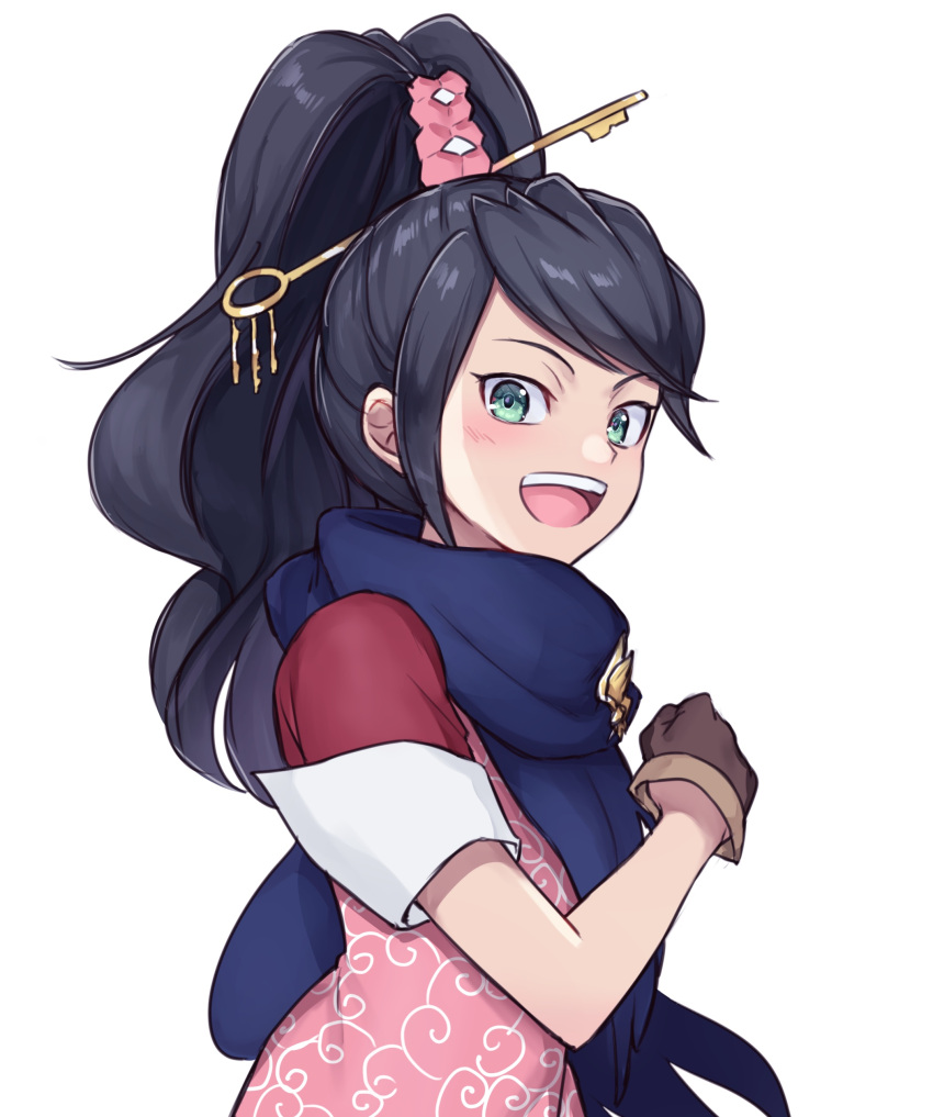 1girl, :d, absurdres, ace_attorney, ace_attorney_investigations, black_hair, blue_scarf, brown_gloves