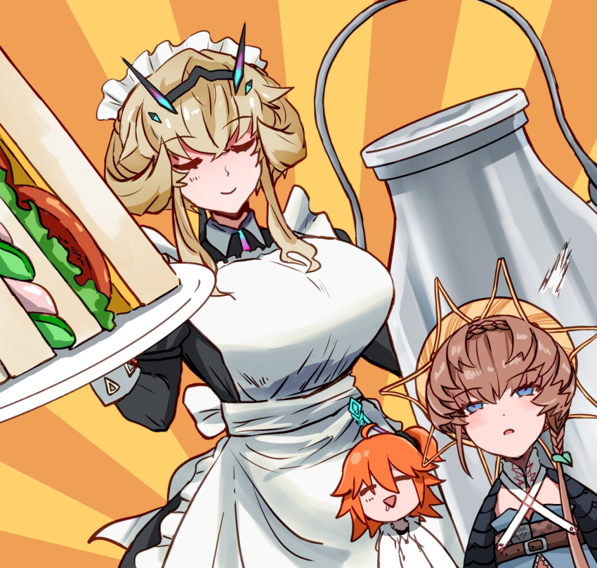 3girls, ahoge, apron, barghest_(swimsuit_archer)_(fate), belt, black_scrunchie, black_sleeves, blonde_hair, blue_eyes, blue_overalls, bottle, braid, breasts, brown_hair, closed_eyes, closed_mouth, crown_braid, drooling, fate/grand_order, fate_(series), food, fujimaru_ritsuka_(female), highres, holding, holding_tray, huge_breasts, maid_apron, maid_headdress, medium_hair, milk_bottle, multiple_girls, open_mouth, orange_hair, orange_headwear, overalls, puffy_sleeves, sandwich, scrunchie, shimogamo_(shimomo_12), shirt, short_sleeves, side_braid, side_ponytail, small_breasts, striped, striped_headwear, tray, upper_body, van_gogh_(fate), white_shirt